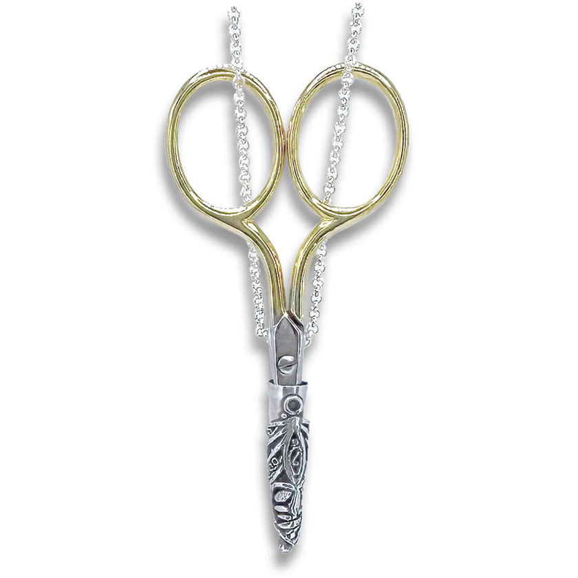 Short Stuff Scissor Sheath and Chain featuring decorative scissors and secure chain for convenient storage.