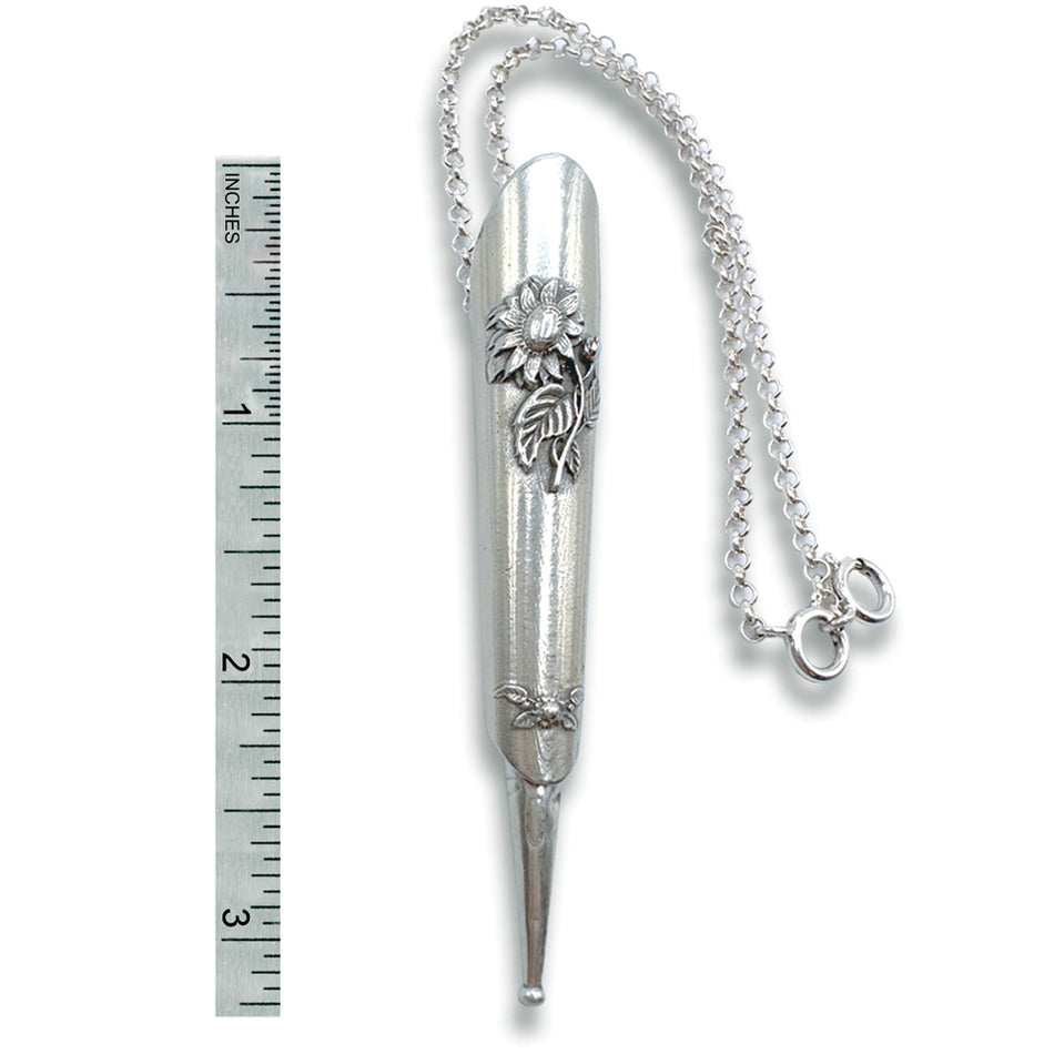 Sunflower Scissors Sheath featuring a decorative floral design and a 12-inch sterling silver chain for secure carry.