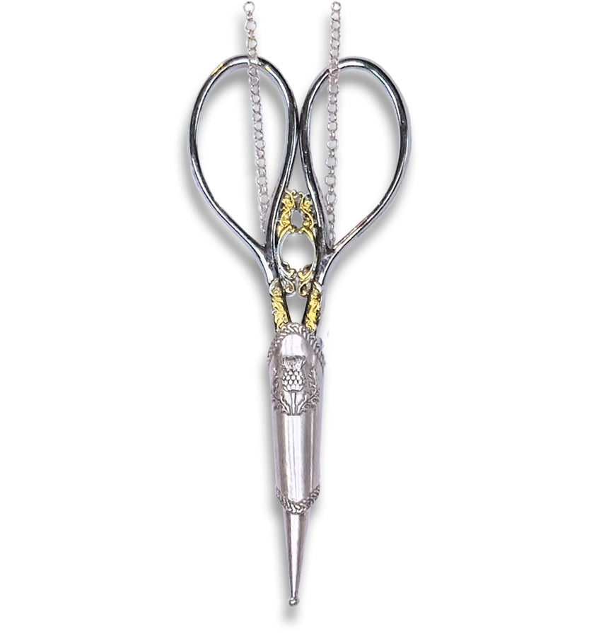 New Thistle Scissors Sheath with Gem, sterling silver design, holds small stainless steel scissors, ideal sewing tool.