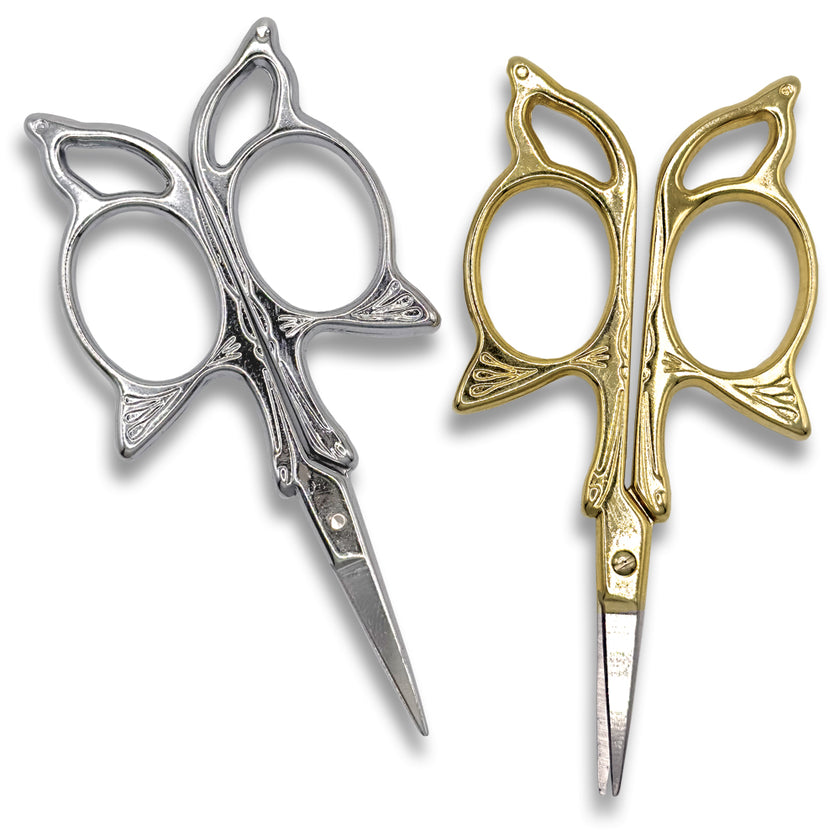 Cat Scissors in silver and gold, perfect for sewing accessories and thimble collections.