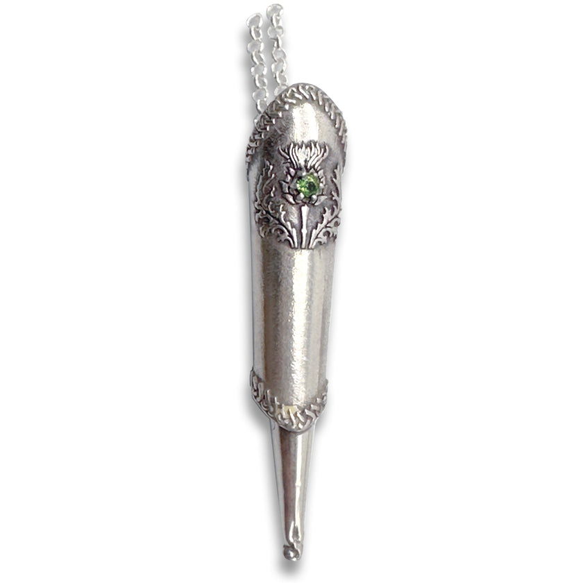 New Thistle Scissors Sheath in sterling silver with intricate design and gem details for sewing enthusiasts.