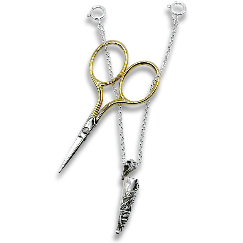 Short Stuff Scissor Sheath and Chain with decorative scissors and secure chain for easy storage and access.