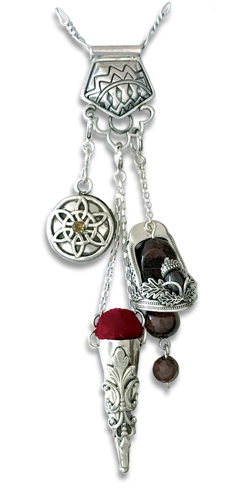 Southwest Chatelaine featuring sterling silver thimbles and decorative elements for sewing tools.