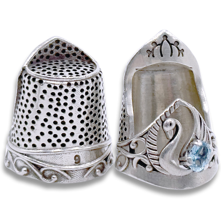 Swan Thimble featuring sterling silver design, unique pear-shaped gem, perfect for sewing and thimble collections.