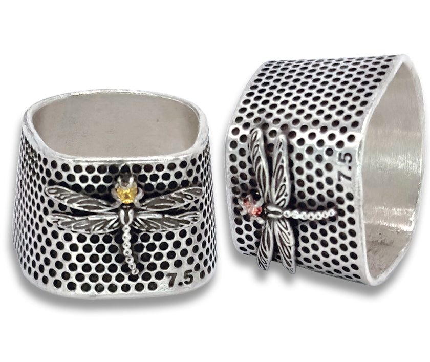 Dragonfly Tailor's Thimble with Gemstone in sterling silver, featuring intricate designs and sizes 7.5, ideal for sewing and quilting.