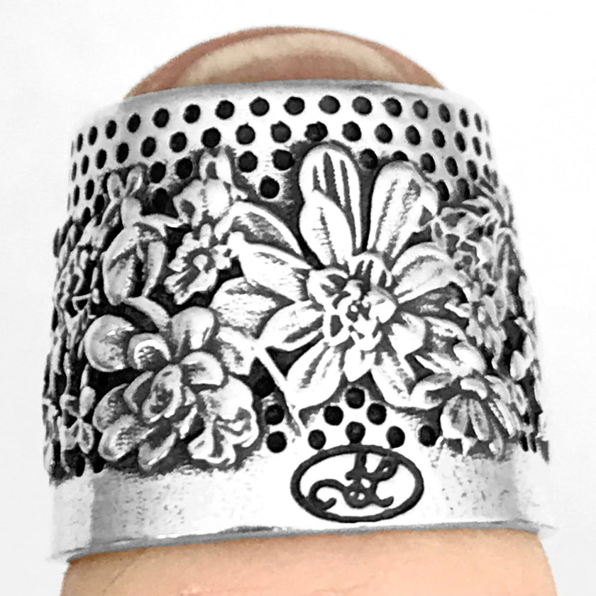 Summer Succulents Tailor's Thimble featuring intricate floral design and solid sterling silver craftsmanship.