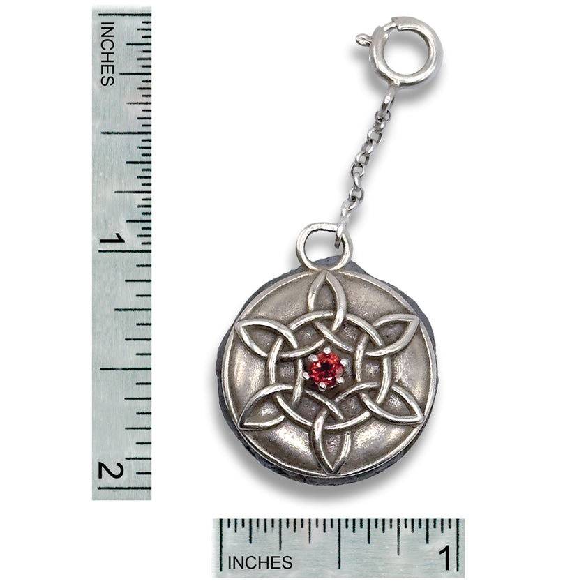 Celtic Knot Thread Conditioner Keeper with red gemstone, showcases sterling silver design and dimensions for quilting accessories.
