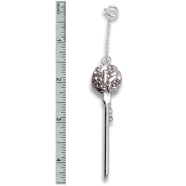 Lily of the Valley Combination Tool - Needle Threader and Thread Cutter next to a ruler for size comparison.