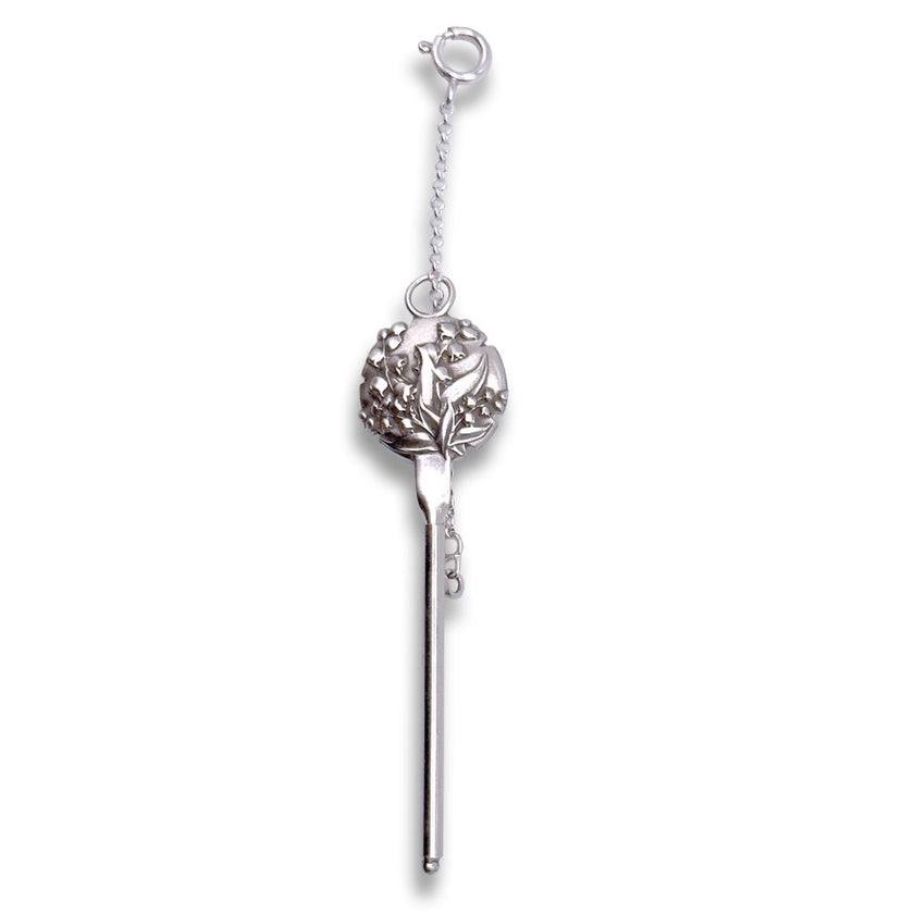 Combination Tool - Needle Threader and Thread Cutter in sterling silver with floral design and chain for sewing accessory.