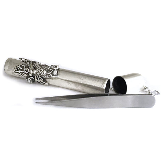Tweezer Sewing Tool Keeper - 3 inches tall, featuring decorative thimble holder and sewing tweezers for crafting.