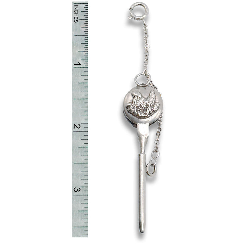Chicken Combination Tool - Needle Threader and Thread Waxer made of sterling silver, featuring a decorative design and chain.
