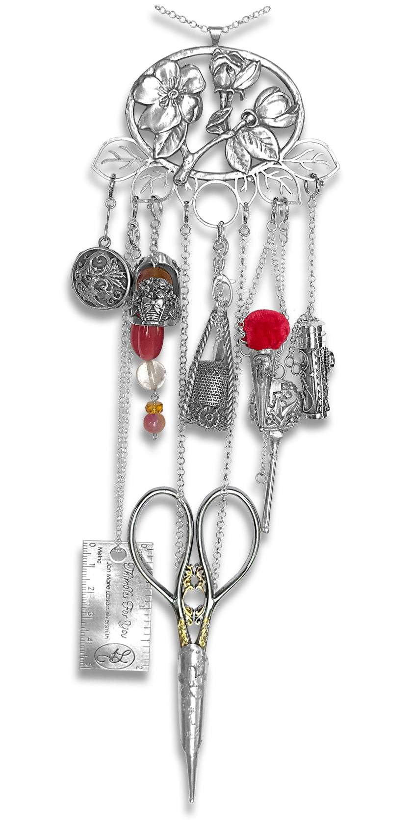 Wild Rose Chatelaine crafted from sterling silver featuring sewing tools and accessories, perfect for thimble collectors.
