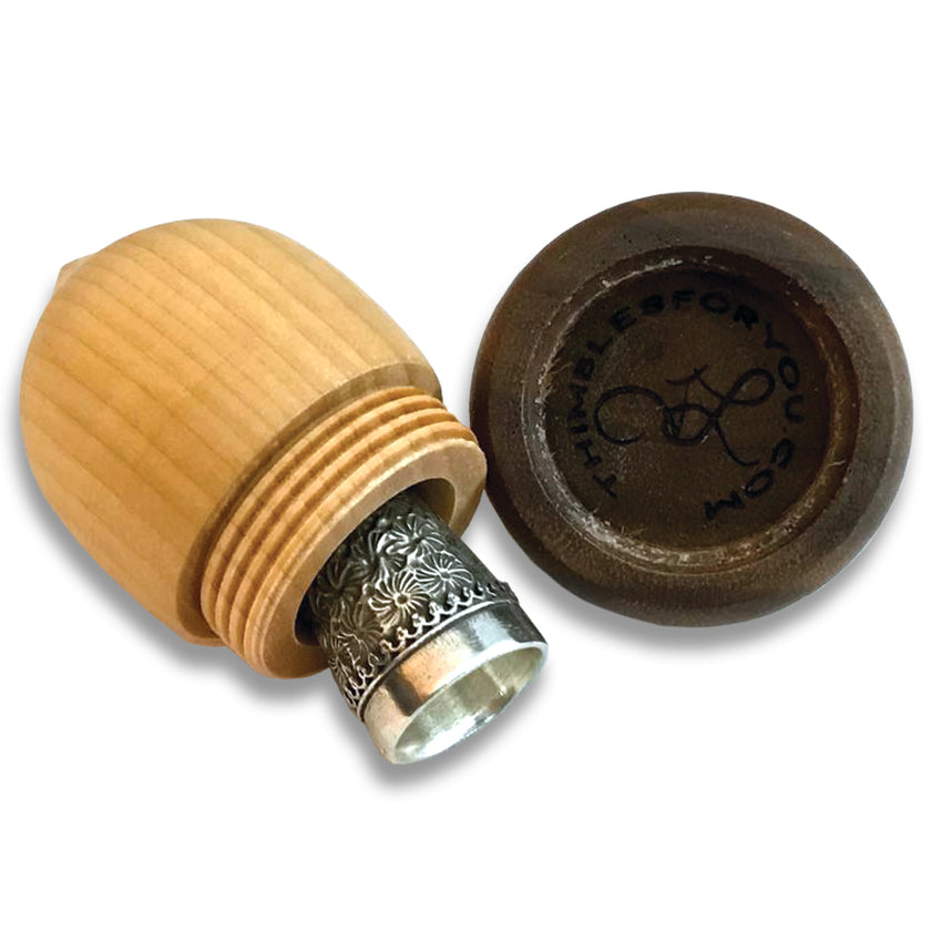 Wood Acorn Thimble Holder with sterling silver thimble and walnut base, ideal for thimble collections and sewing accessories.