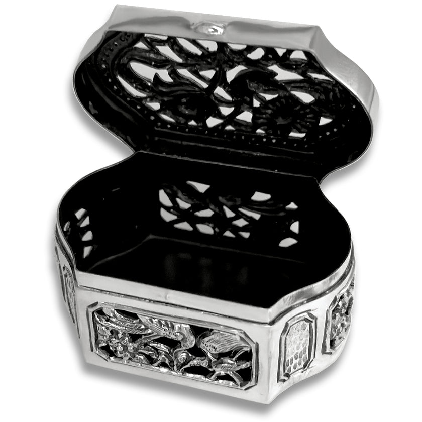 Thimble Box - Cutout, ornate sterling silver box with intricate design, ideal for thimble collections and sewing accessories.
