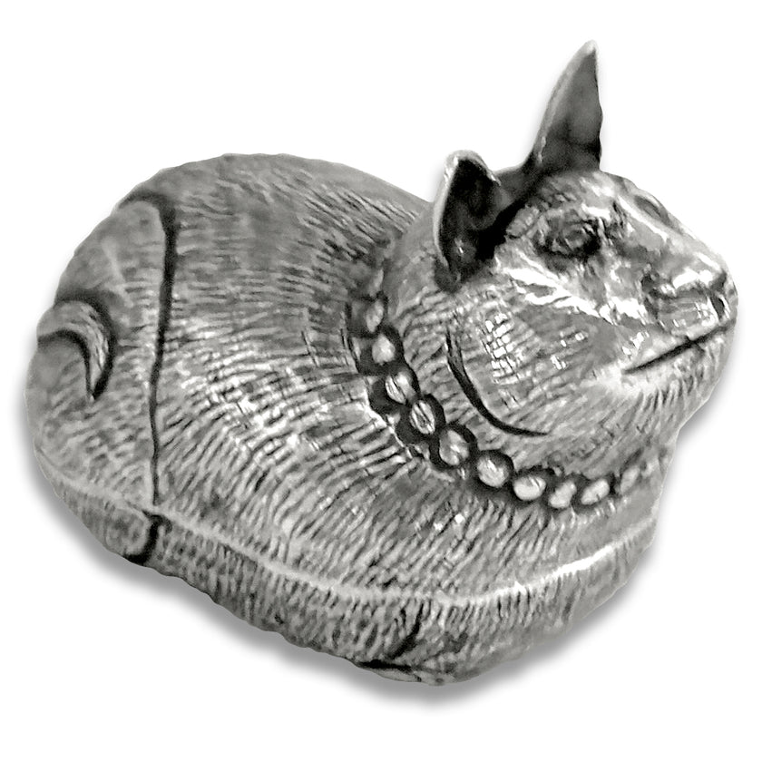 Thimble Box - Cat in solid sterling silver, showcasing intricate craftsmanship for thimble collections and heirloom quality.
