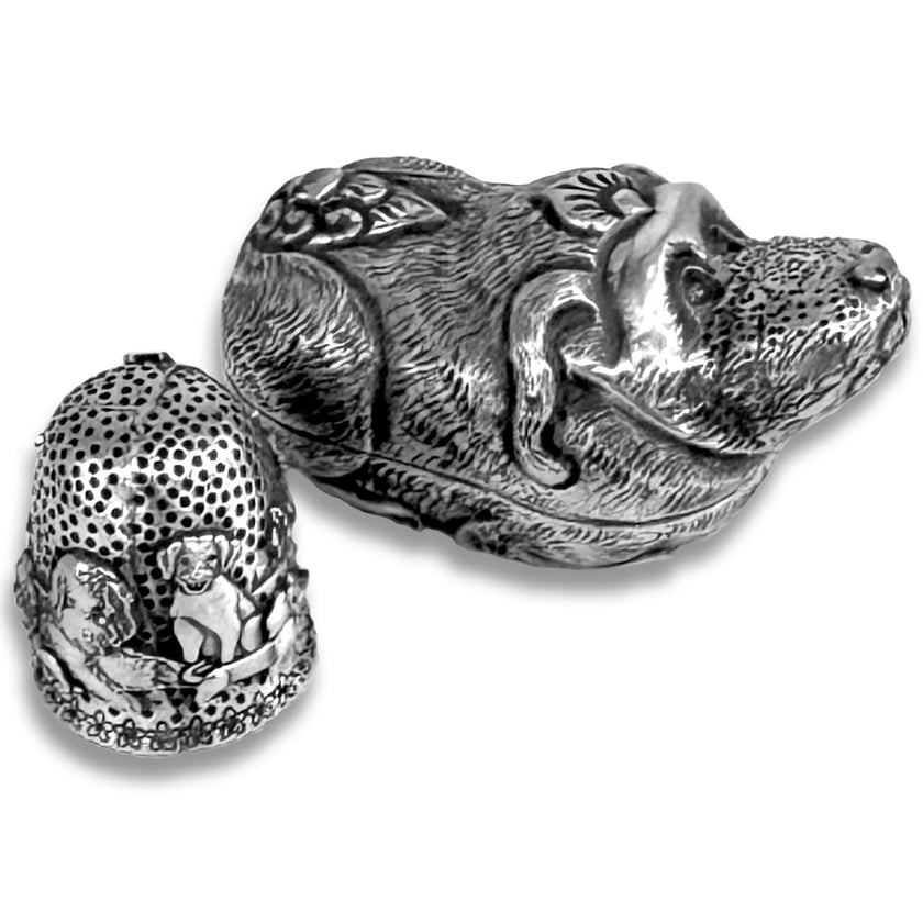 Thimble Box - Dog, ornate sterling silver thimble and closed-top thimble, ideal for thimble collections and sewing tools.