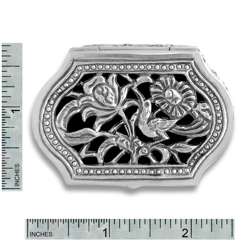 Thimble Box - Cutout, ornate sterling silver box with intricate floral design, perfect for thimble collections and sewing accessories.
