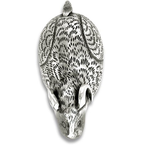 Close-up of a Goat Small Thimble Box made of sterling silver, featuring an adorable goat design.