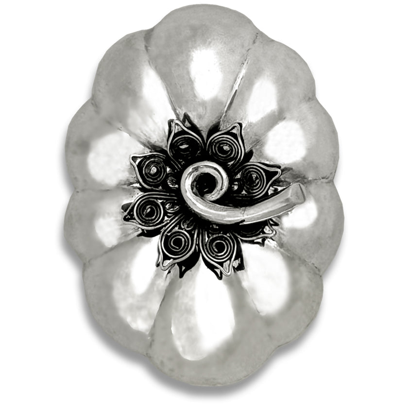 Thimble Box - Pumpkin Large crafted in sterling silver with ornate lid detail, perfect for thimble collections and sewing accessories.