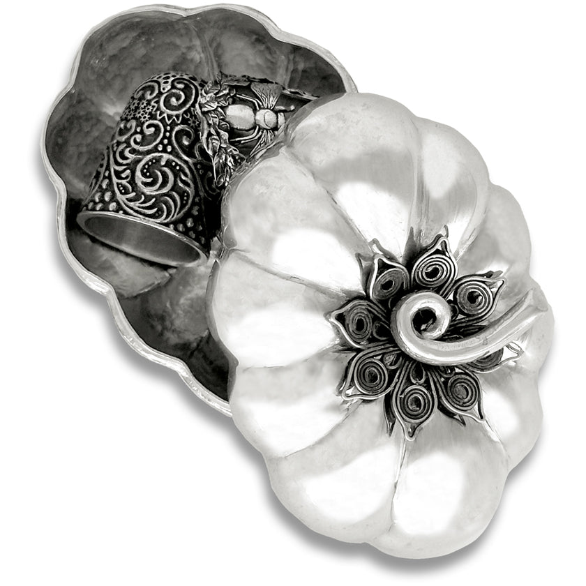 Thimble Box - Pumpkin Large with ornate sterling silver design and closed-top, perfect for thimble collections and crafting accessories.