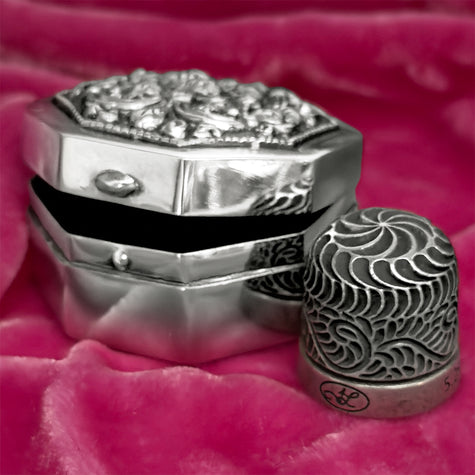 Thimble Box - Octagon with ornate lid and silver thimble, ideal for thimble collections and sewing accessories.