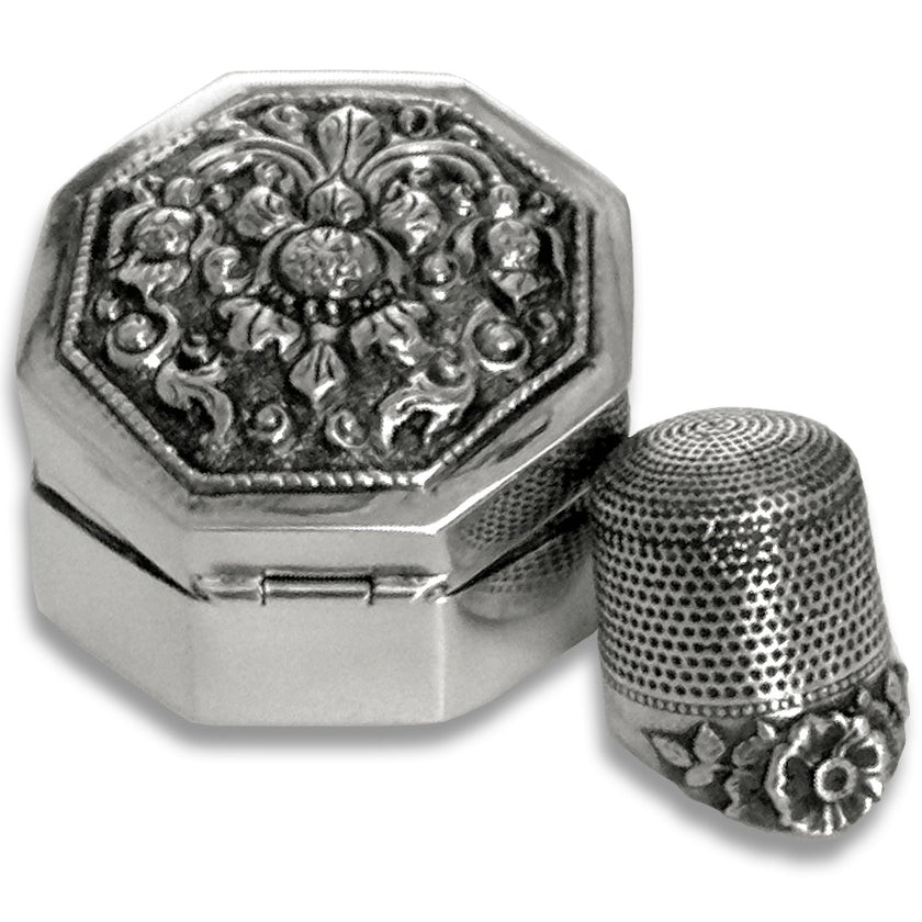 Thimble Box - Octagon in solid sterling silver with ornate lid, includes artisan thimble, perfect for thimble collections and sewing.