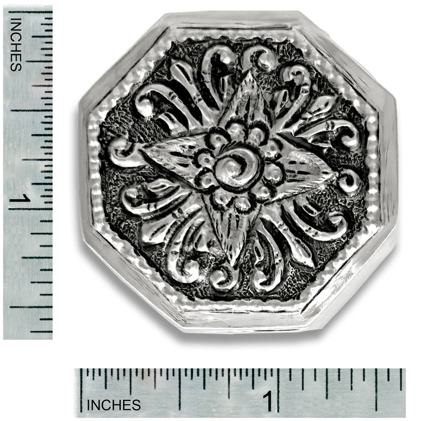 Thimble Box - Octagon made of sterling silver featuring ornate design and measurements for reference.