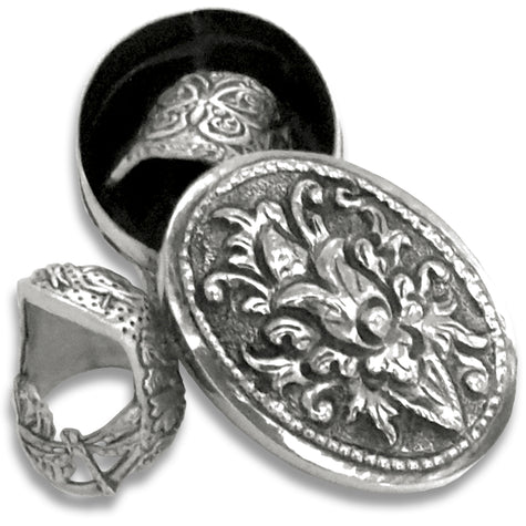 Thimble Box - Oval with intricate design, showcasing handmade sterling silver thimble and ornate box, perfect for thimble collecting.