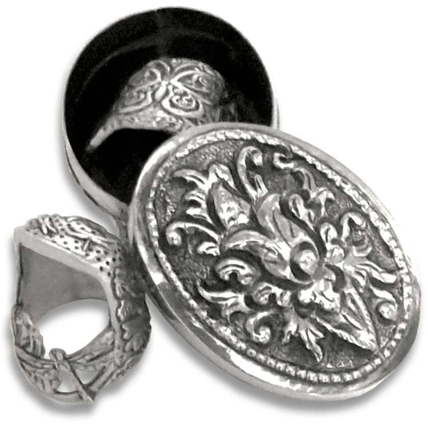 Thimble Box - Oval with intricate design, showcasing handmade sterling silver thimble and ornate box, perfect for thimble collecting.