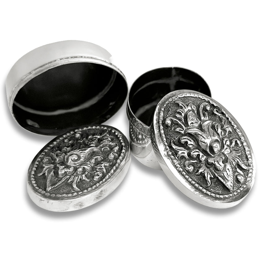 Thimble Box - Oval: ornate sterling silver thimble box with intricate detailing, perfect for thimble collections and sewing accessories.