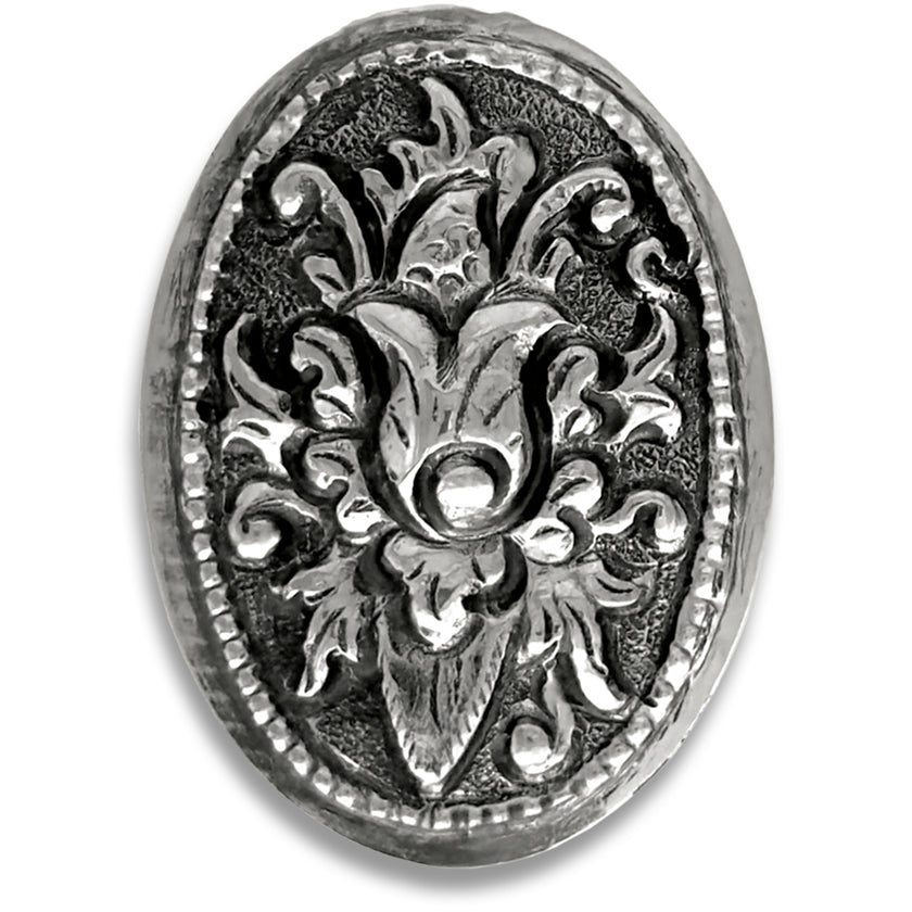 Ornate lid of the Thimble Box - Oval, made of solid sterling silver with intricate floral design.