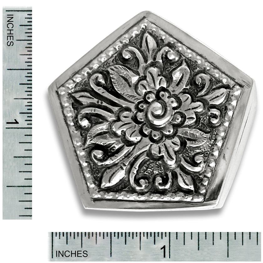 Thimble Box - Pentagon in solid sterling silver with ornate floral design, a perfect accessory for thimble collections.