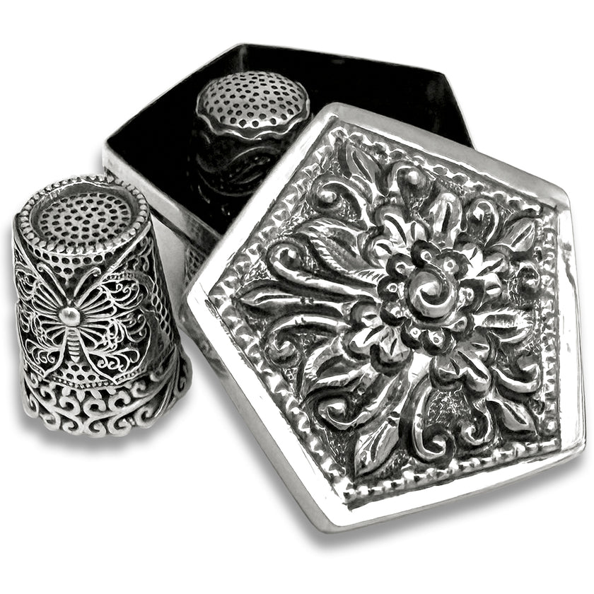 Thimble Box - Pentagon, ornate sterling silver thimble holder with intricate design, perfect for thimble collections.