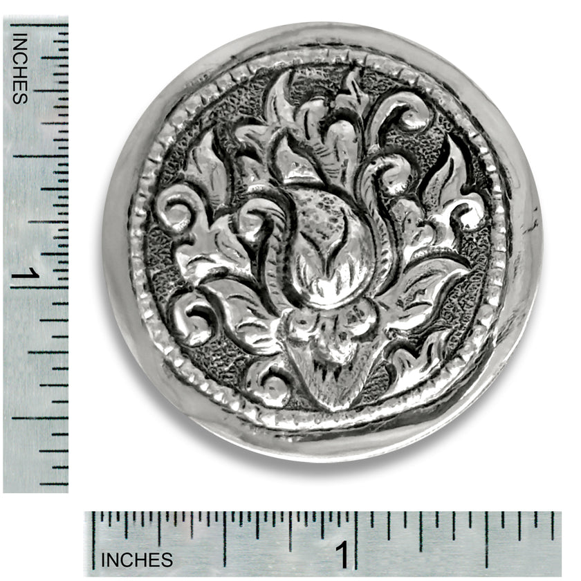 Sterling silver thimble box with ornate floral design, measuring 1 inch in diameter. Thimble Box - Round.