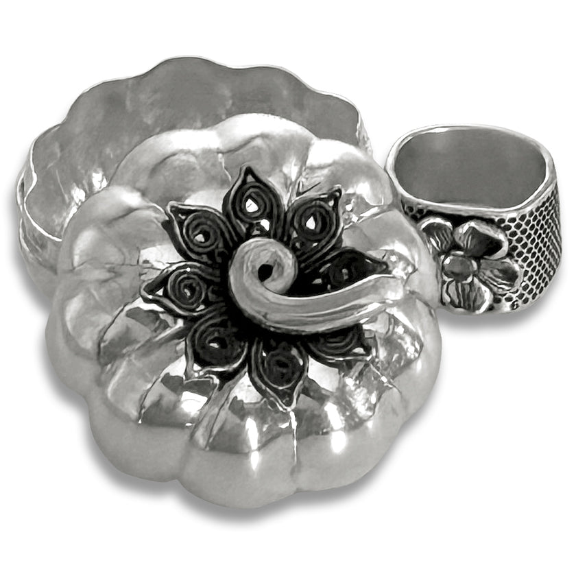Thimble Box - Pumpkin Small made of sterling silver, showcasing ornate design with a closed top and no hinges. Ideal for thimble collections.