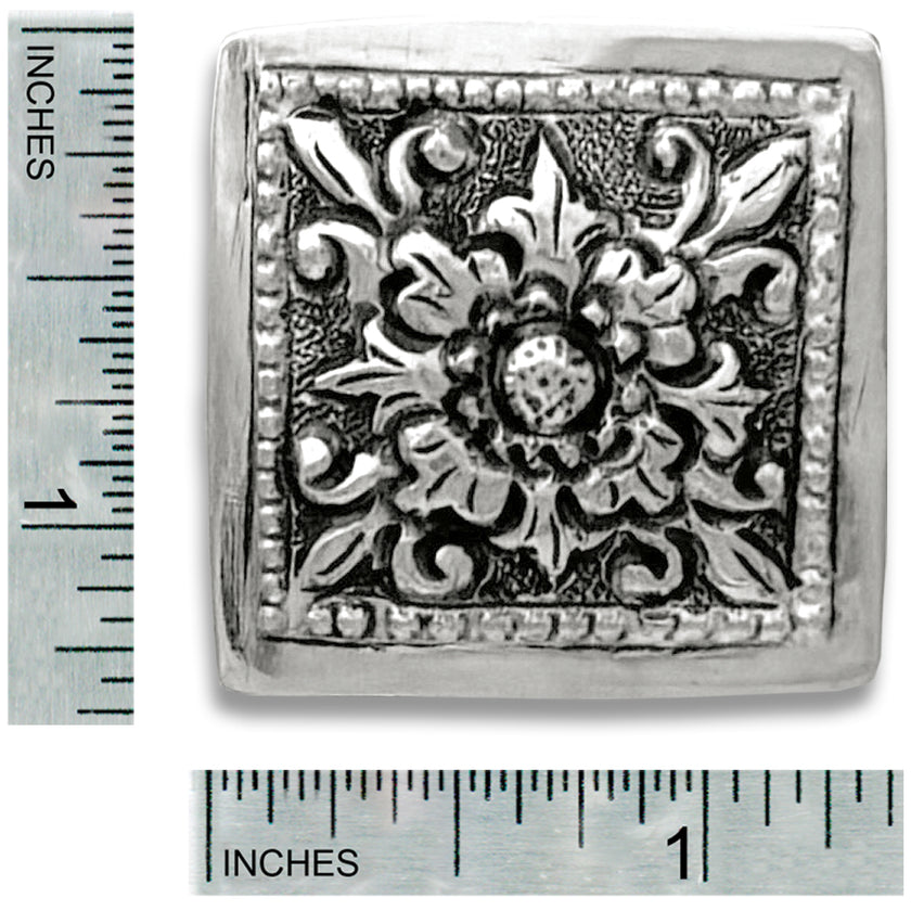 Thimble Box - Square with intricate floral design, measuring inches, handcrafted from sterling silver.