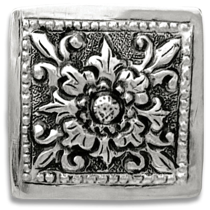 Thimble Box - Square with intricate floral design in solid sterling silver, perfect for thimble collections and sewing accessories.