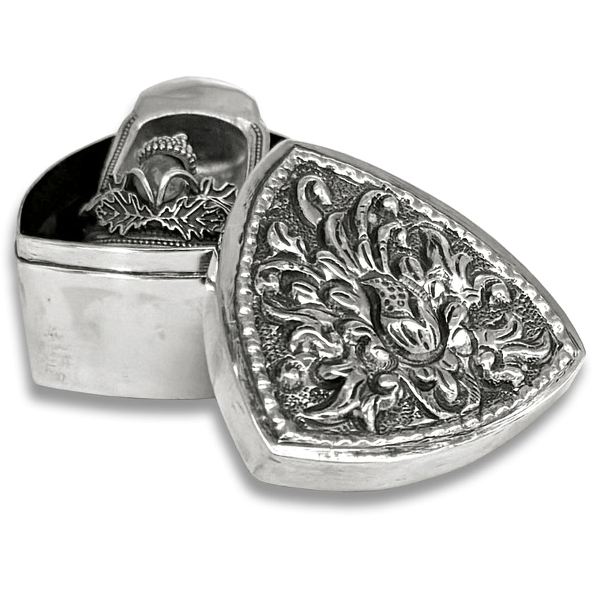 Thimble Box - Triangle, ornate solid sterling silver thimble case, perfect for thimble collections and sewing accessories.