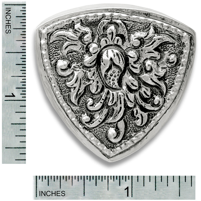Thimble Box - Triangle in solid sterling silver featuring ornate design, highlighted with measuring rulers.