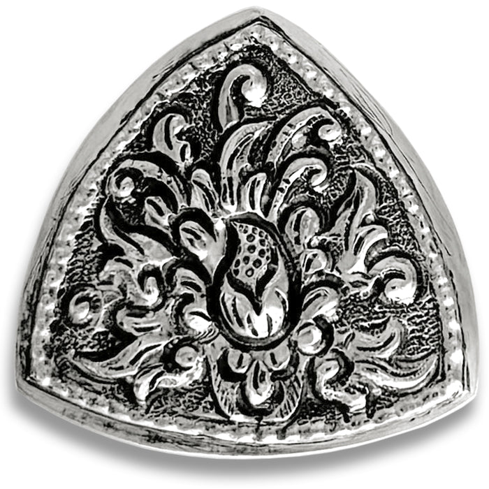 Thimble Box - Triangle featuring intricate ornate design in solid sterling silver, perfect for thimble collections.