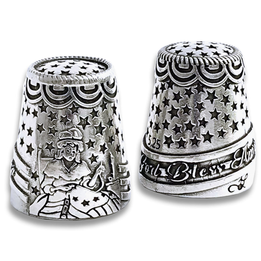 Betsy Ross Thimble made of 925 sterling silver featuring a flat dome top and artwork of Betsy Ross with stars and 