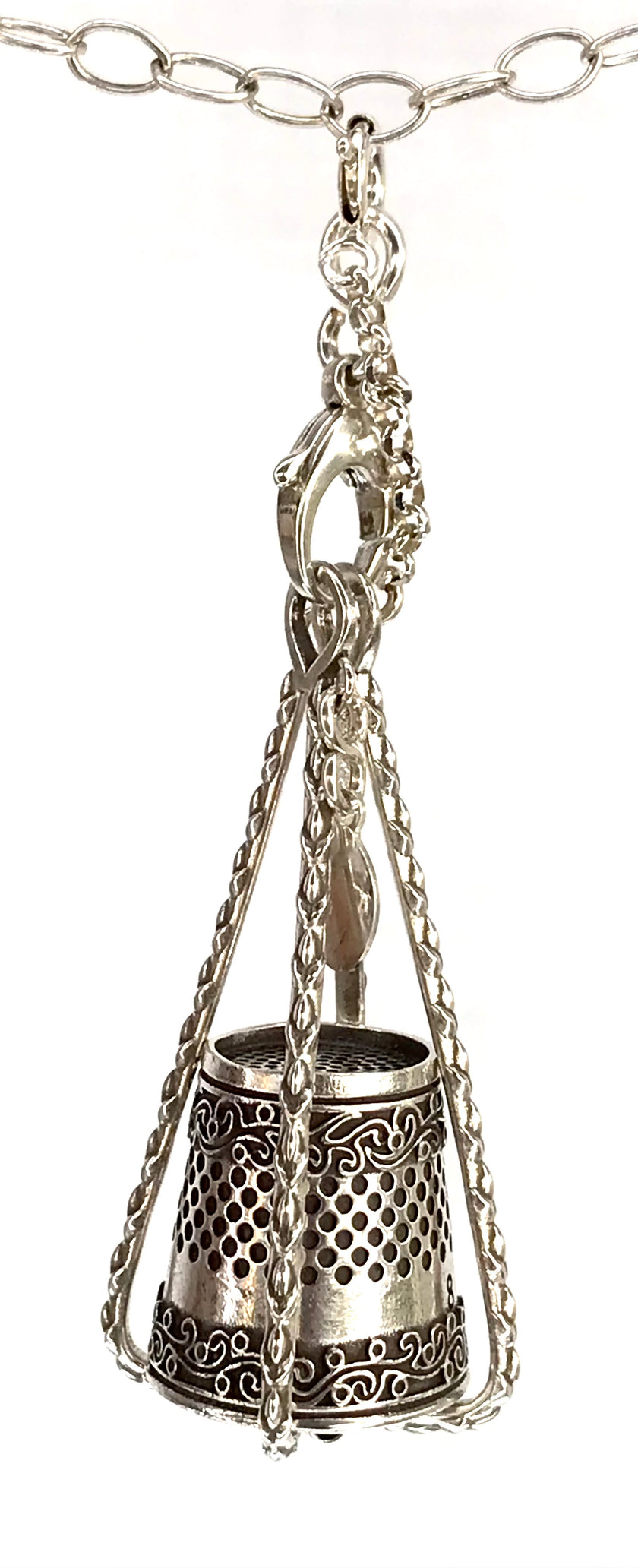 Wire Cages for Thimbles - handmade sterling silver thimble holder with intricate design and delicate chain.