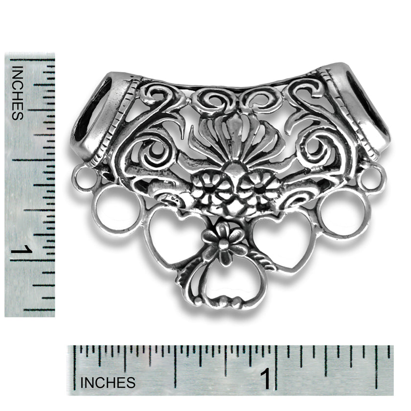 Bali Sunrise Scarf Chatelaine decorative silver thimble holder with floral design and loops for sewing tools.