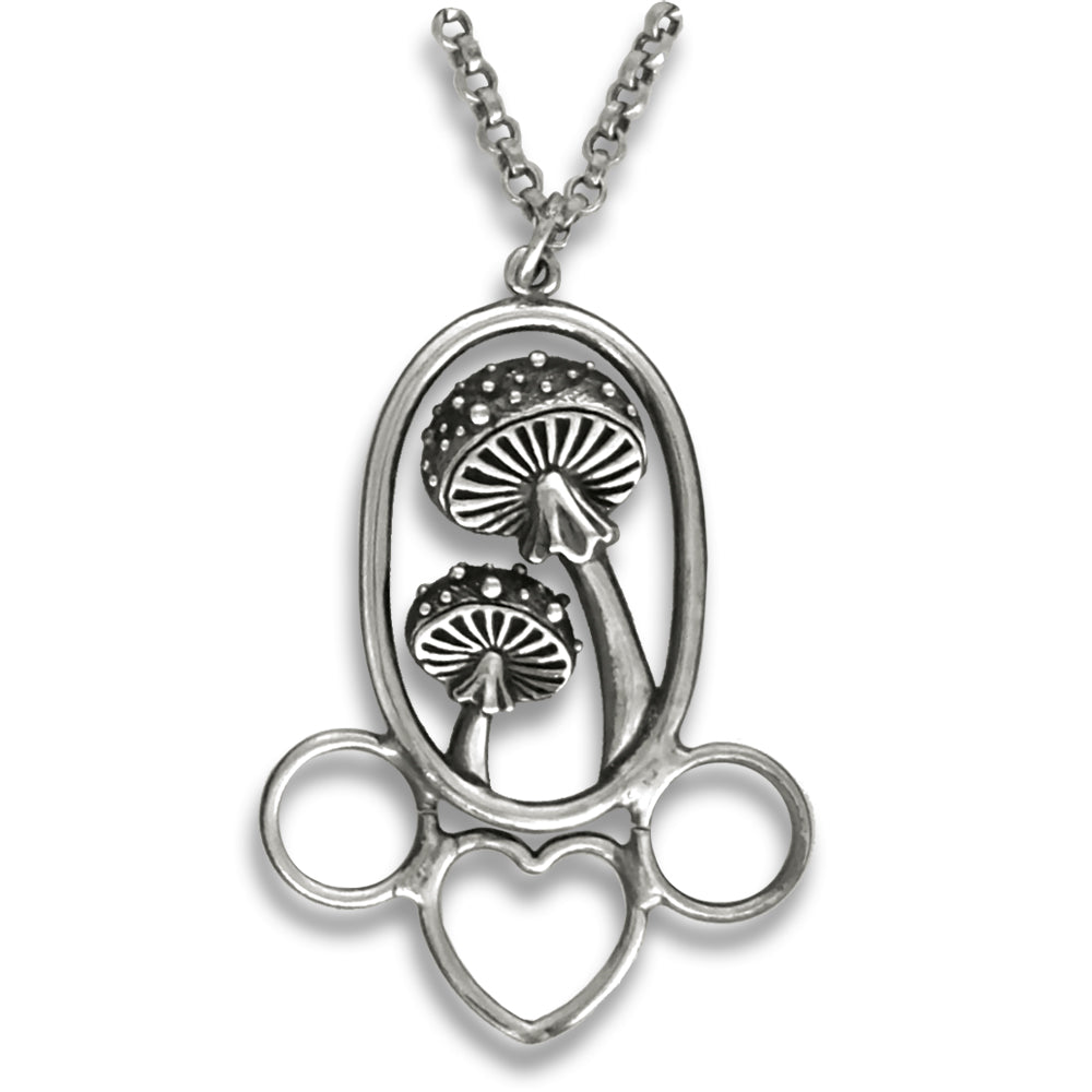 Mushroom chatelaine, small in sterling silver, featuring two mushrooms and three rings for accessories.
