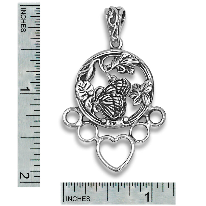 Butterfly in Motion Chatelaine in solid sterling silver with floral design, measuring 2 inches with heart and loops for thimble access