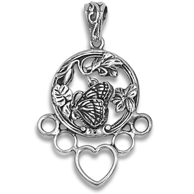 Sterling silver butterfly pendant with floral design and heart, ideal for jewelry making or as a heartfelt gift.