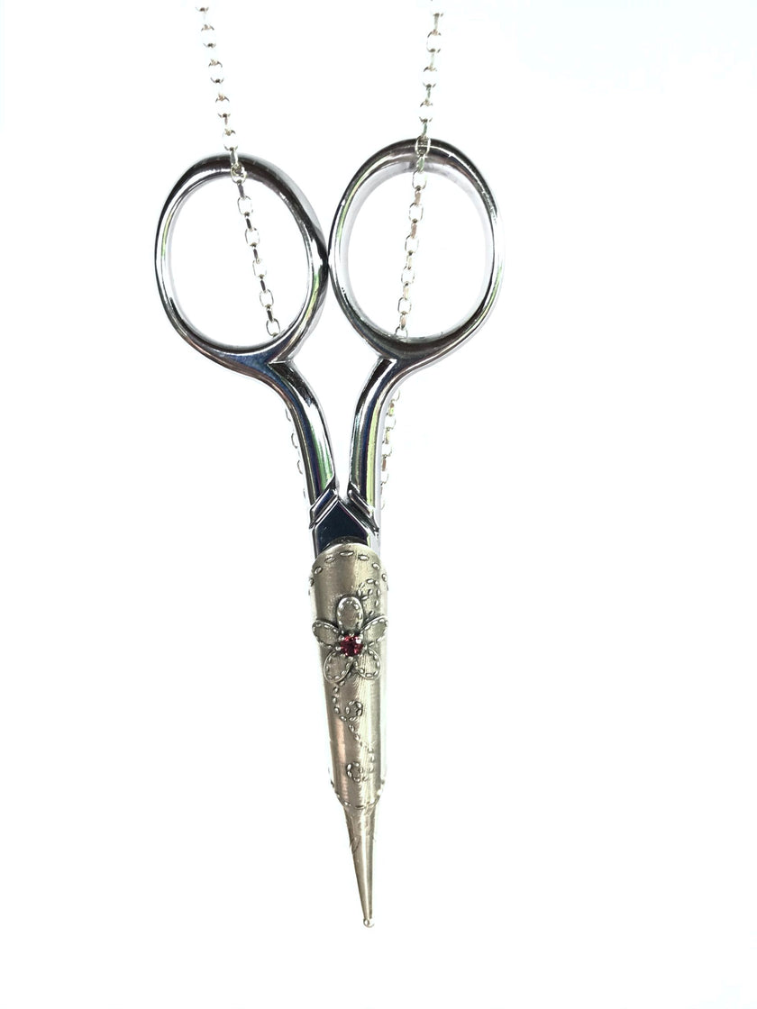 Daisy Scissor Sheath and chain, with Gem featuring sterling silver sheath and stainless steel scissors.
