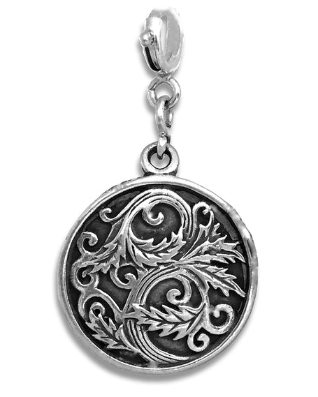 Intricate sterling silver charm featuring ornate leaf design, perfect for jewelry making or crafting.