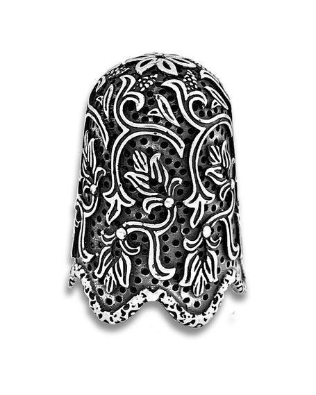 Handmade sterling silver thimble with intricate floral design, perfect for thimble collections and sewing tools.