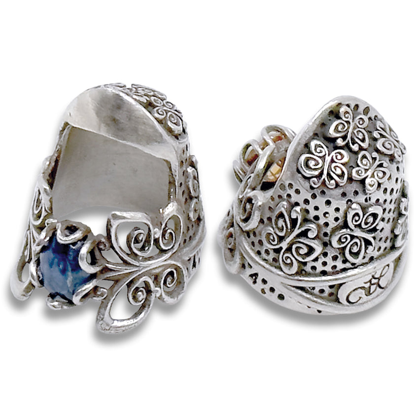 Butterfly Short Thimble in sterling silver with intricate floral designs and a gemstone, ideal for sewing projects.